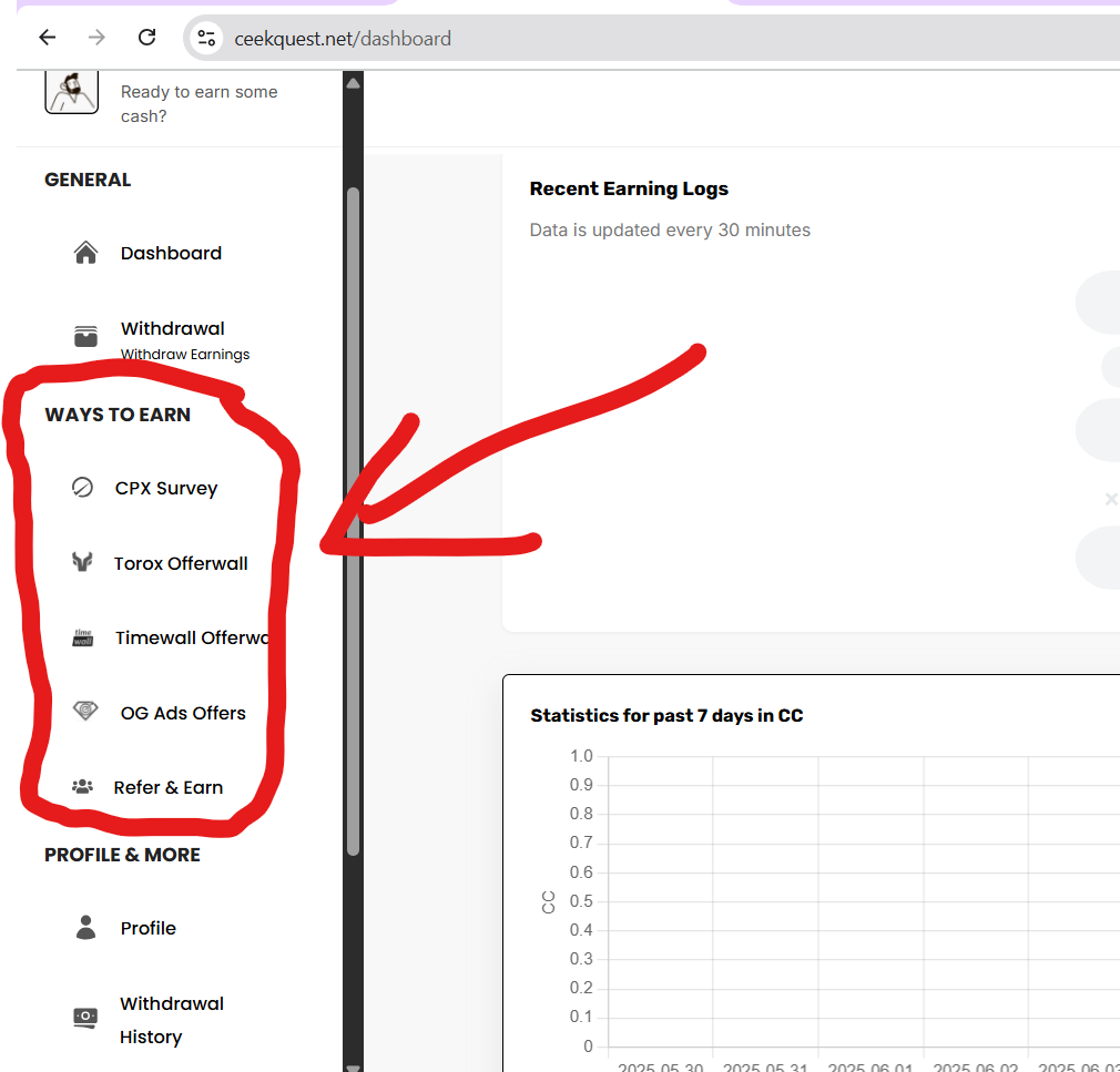 nce you're on your dashboard, scroll down to the "Offerwall" section. These are third-party networks that CeekQuest connects to so users can complete tasks and earn rewards.
